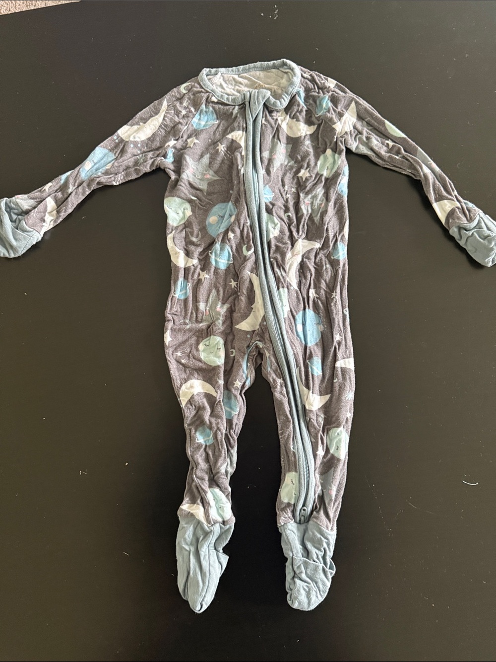 Little Sleepies Gray Footed One-Piece with Blue and White Moon Pattern